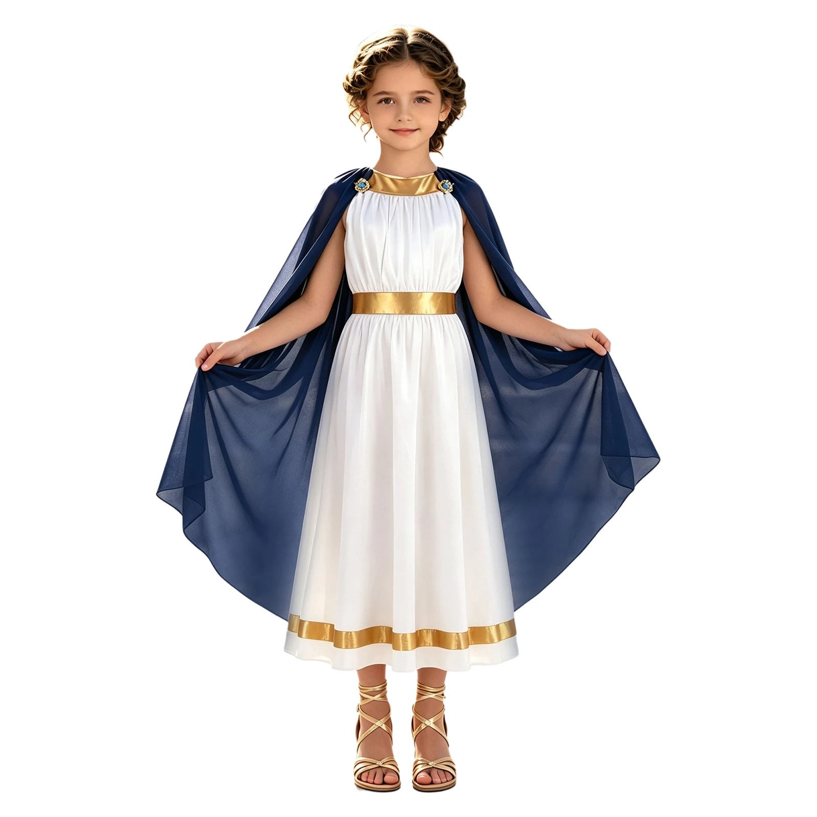 Kid Girls Ancient Greek Athena Goddesses Costume Halloween Cosplay Roman Princess Toga Dress Sleeveless Metallic Trim Shawl Robe