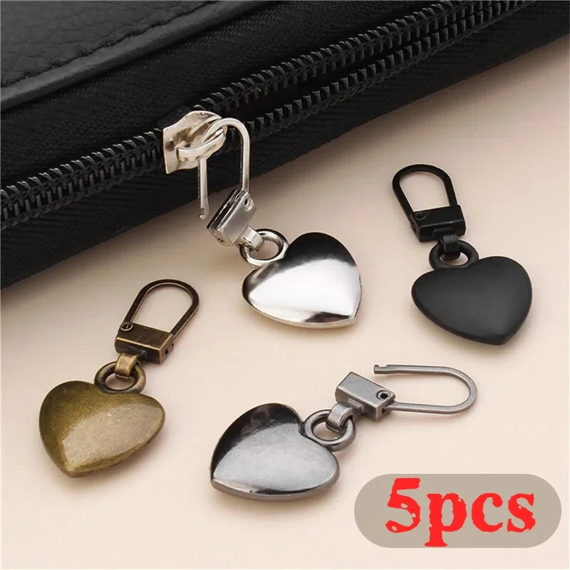 5PCS Sewing Zippers Puller Head Heart Shape Detachable Metal Zipper Slider Repair Kits for Bags Backpack Coat Zipper Pull Tab