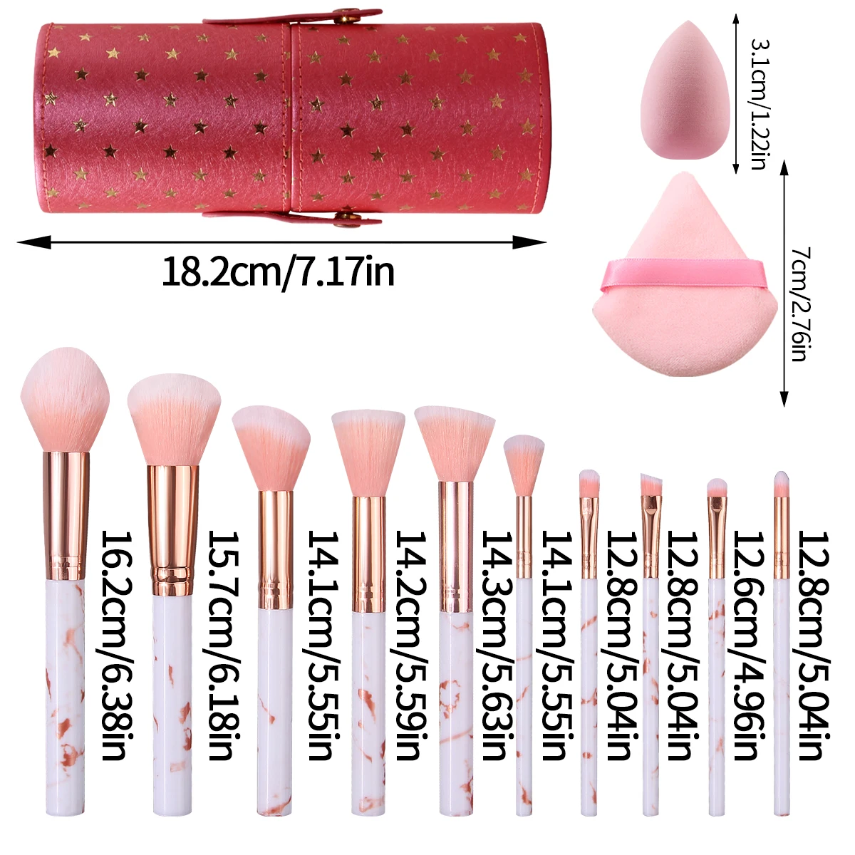 10 pezzi di pennelli per trucco in marmo rosa + 3 mini uova di bellezza + 2 sbuffi di cipria triangolari + un secchio di stoccaggio ad alto livello di aspetto