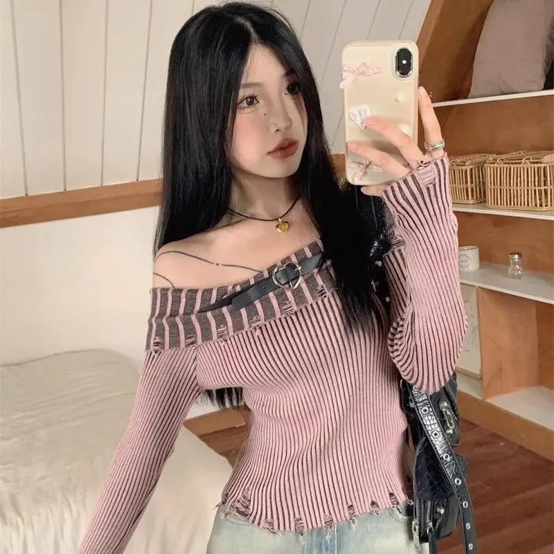 Spring Autumn New Slash Neck Long Sleeve Fashion Sweater Women High Street Striped Printing Pullovers Elegant All-match Tops