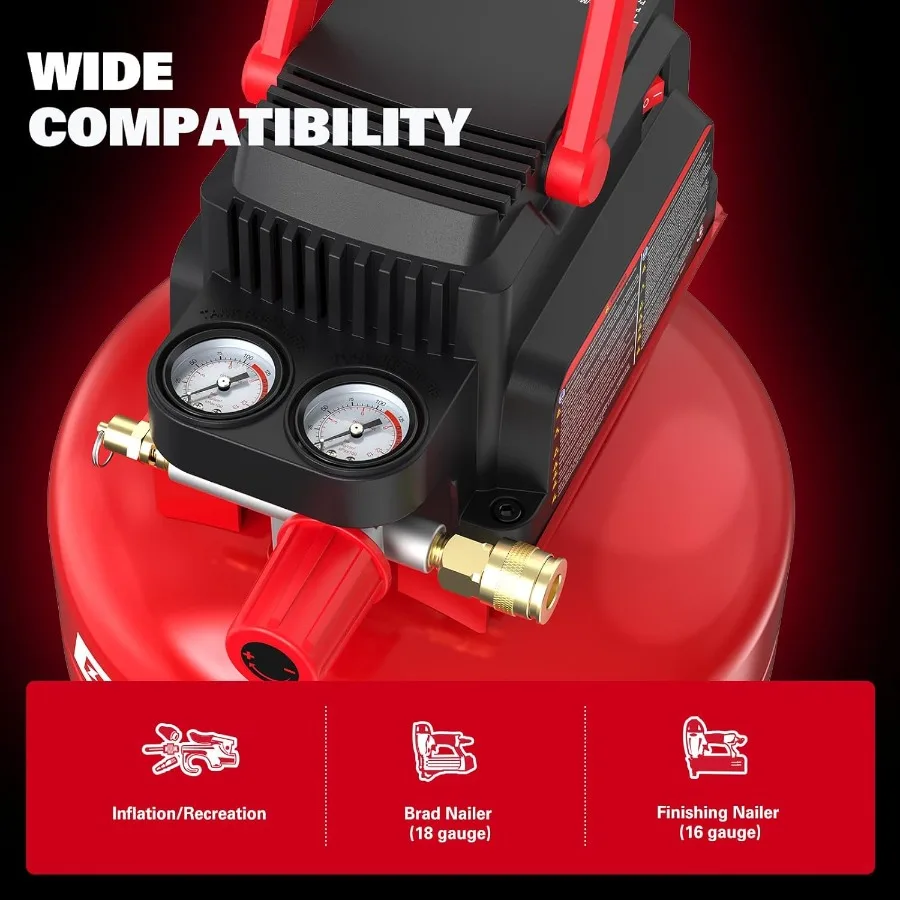 ضاغط هواء محمول 3 جالون 110 رطل لكل بوصة مربعة تصميم فطيرة مع مضخة خالية من الزيت ومجموعة ملحقات 11 قطعة لتضخيم فعال