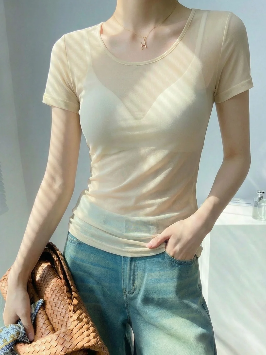 Elegant round Neck Short Sleeve Women's Base Shirt Thin Veil Micro Transparent Slimming High-End Sensation Inner Wear T-Shirt