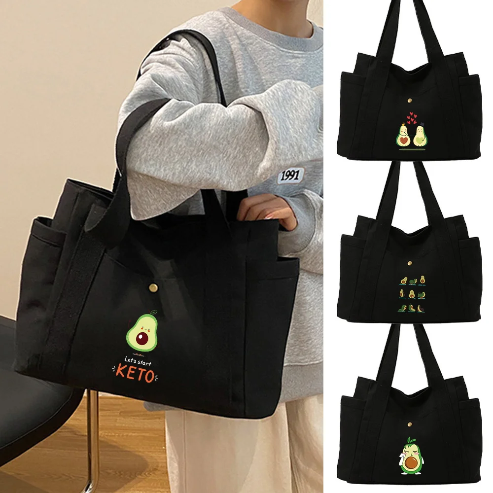 Large Capacity Canvas Tote Avocado Pattern with Comfortable Handles and Side Pockets for Office School and Trips Shopping Bag