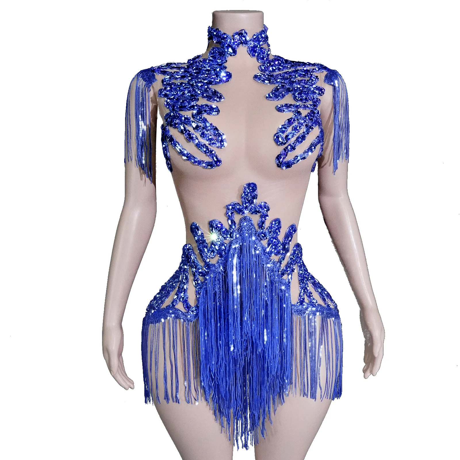 New Stage Performance Golden Sequined Tassel Highneck Fitted Jumpsuit Birthday Party Dance Outfit Video Shooting Costume Change