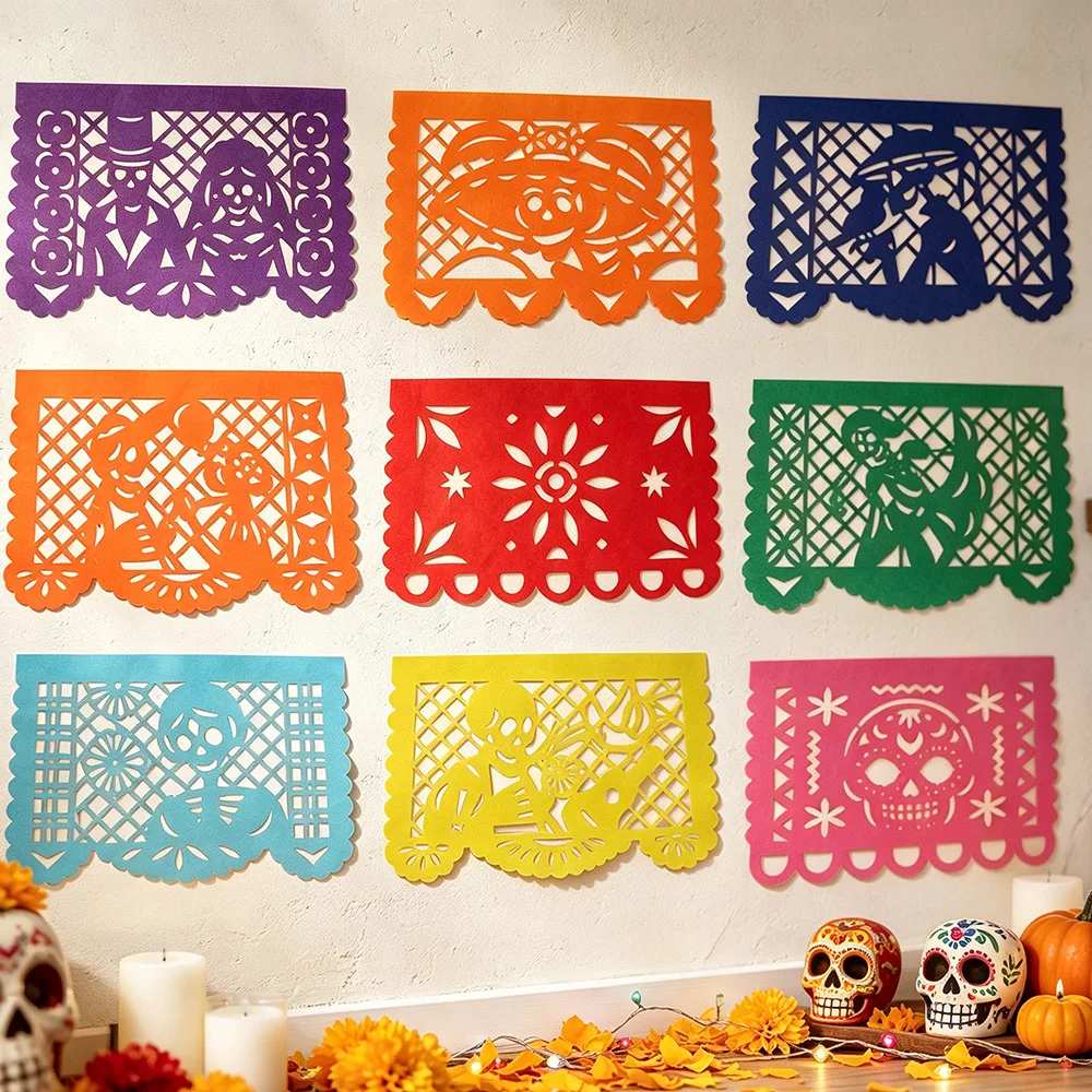 Mexikanisches Tag der Toten Papel Picado Banner 50 Stück Hohle Totenkopf-Blumen-Ausschnitt-Fahnen-Girlande Dia De Muertos Fiesta Party Hängedekoration – Detail 6