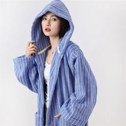 Cotton Absorbent Hooded Bathrobe, Striped Diamond Check, Simple Fashion Family Style, Four Seasons, Universal, Retro, Loose Robe