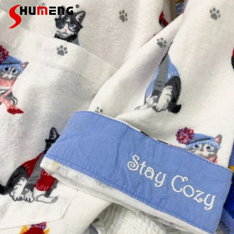 Lange Hosen Homewear Set für Frauen Herbst Winter Cartoon Print Warme Schlaf Anzüge Weibliche Reine Baumwolle Baumwolle Pyjamas Outfits