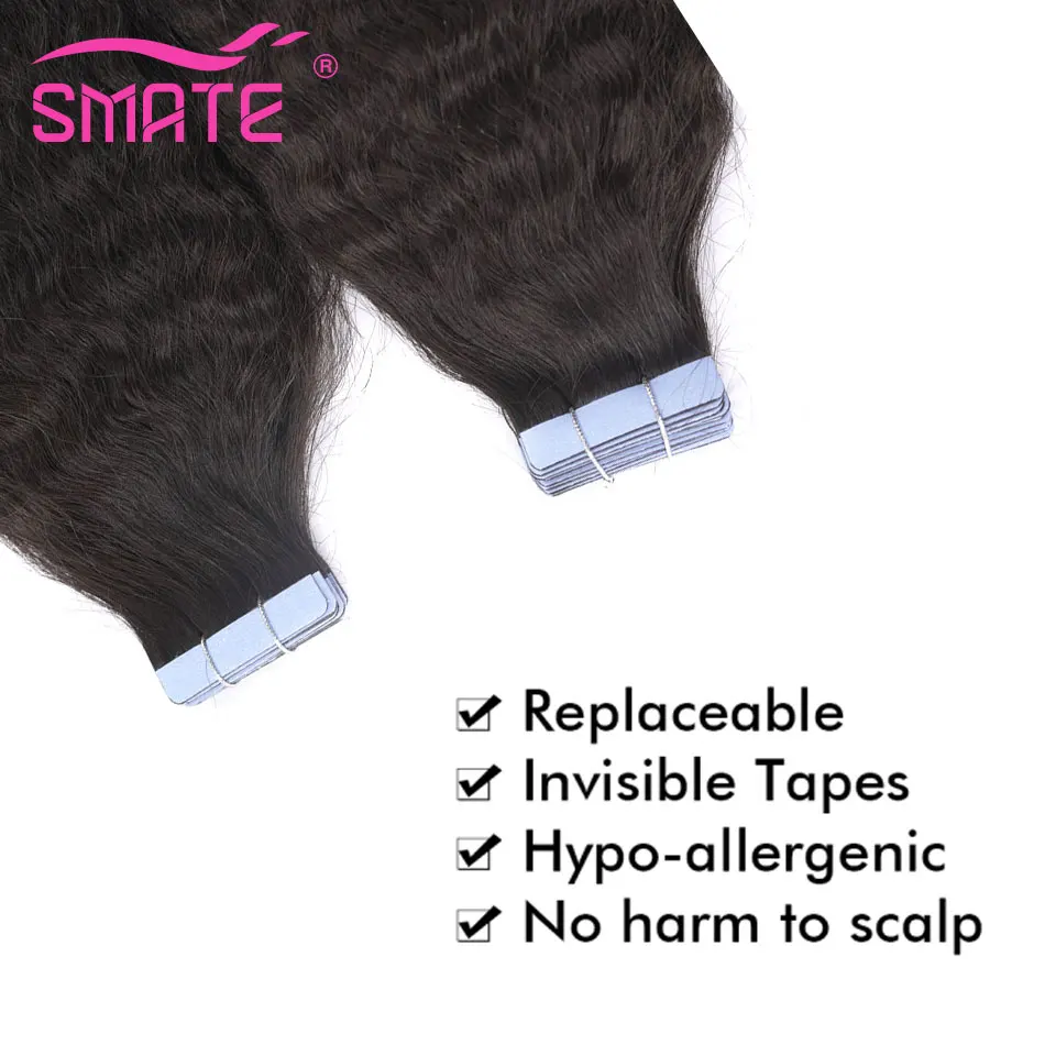 SMATE Kinky Straight Tape In Human Hair Extensions Remy Tape Hair Natural Black 100%Human Hair Extensions 12-26Inches 2.5G pc