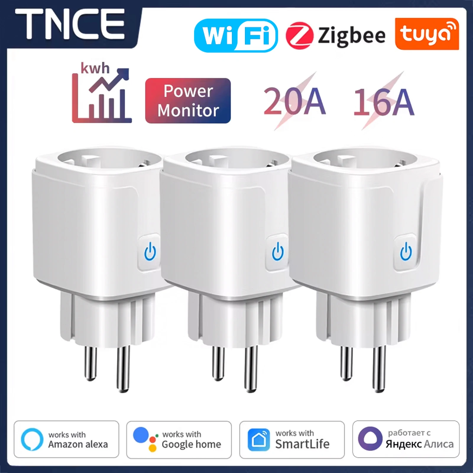 Tnce Tuya ปลั๊กอัจฉริยะ WiFi/ช่องเสียบซิกบี16A สหภาพยุโรป/20A ที่มีฟังก์ชั่นจับเวลามอนิเตอร์พลังงานการควบคุมด้วยเสียงทำงานร่วมกับ Alexa googlehome