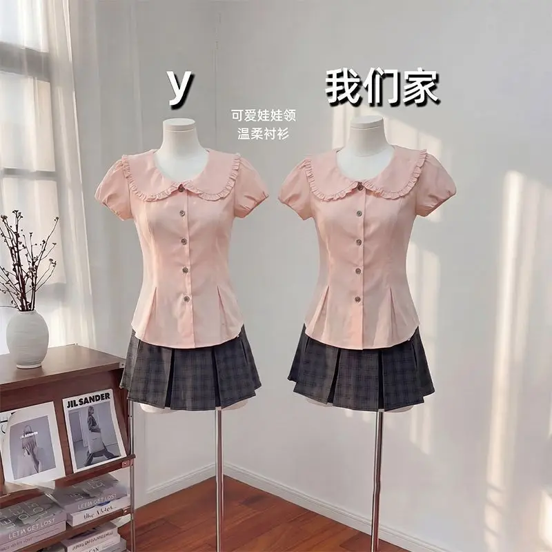 Kimotimo Women Short Sleeve Shirt Sweet Ruffle Peter Pan Collar Slim Bandage Waist Crop Top Preppy Style Versatile Y2k Blouse