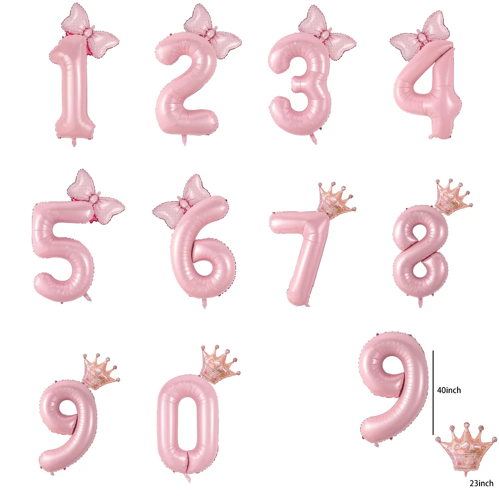 2Pcs 40 Inch Macaron Pearlescent Pink Numbers Foil Balloon Set Mini Size Bow Balloons for Boys Girls Birthday Party Decoration