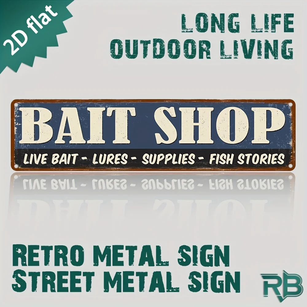 2D Flat, 1pc Vintage Fishing Tackle Shop Sign - Heavy-Duty Metal Wall Decor with Live Bait, Lures & Supplies - Rustic Fishing St