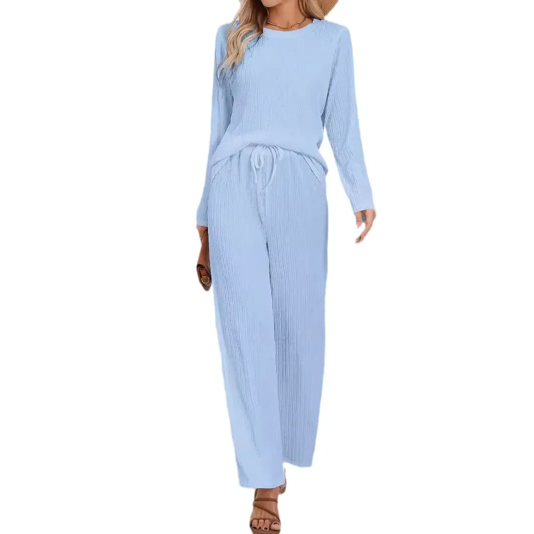 Solid Color Knitted Jacquard Two-piece, Round Neck Long Sleeve T-shirt+wide Leg Pants Casual Loose Suit Women Autumn and Winter