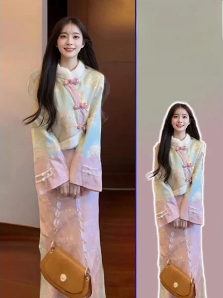 

plus Size Faionable Chinese Sle Set with Buttoned Coat And f Skirt Ele Spring New Arrival Two-Piece Cotton Suit