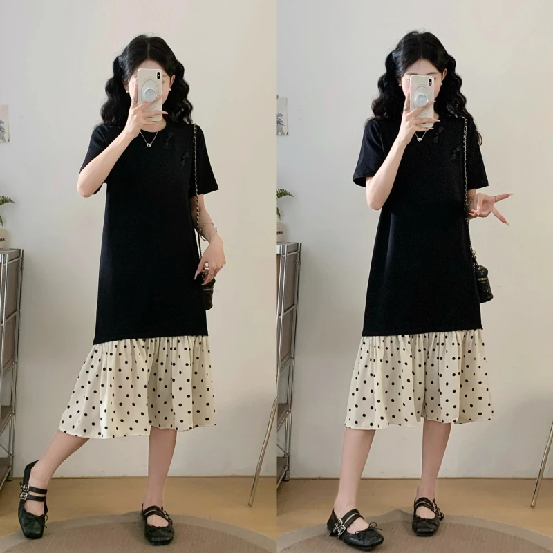 Black Dot Print Patchwork Dresses Woman for 2026 Summer Loose Plus Size Lady T-Shirt Dress Casaul Female Robe Clothing KE8435