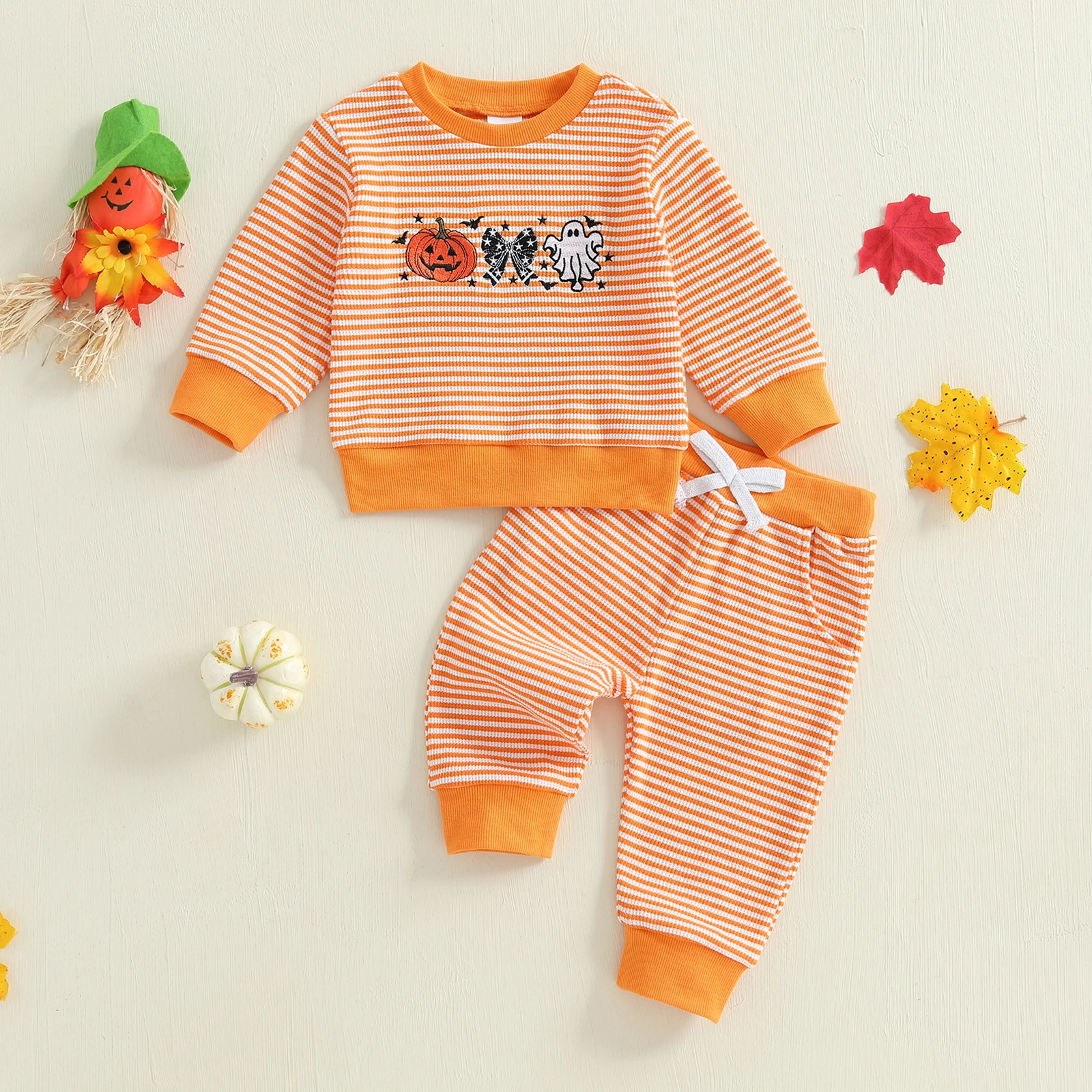 

Baby Halloween Outfit Pumpkin Embroidery Striped Long Sleeve Sweatshirt and Elastic Pants Set for 2 Piece Clothes