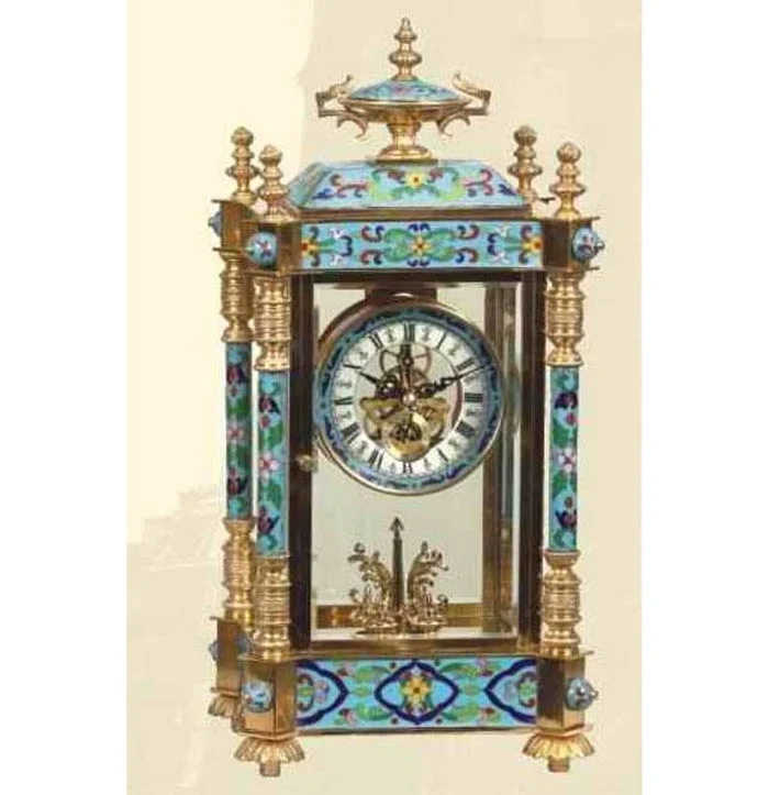 Solid Brass Vintage  Antique Gilt 19th  French Style 15 Days Mechanical Movement  Floral Blue Cloisonne Enamel Table/Desk Clock