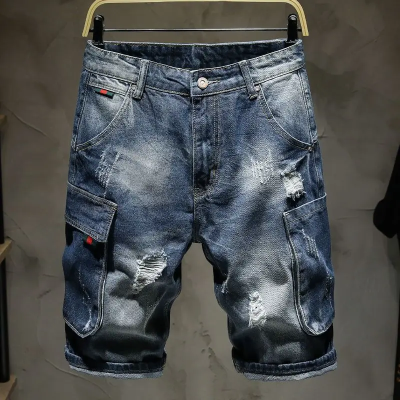 

New Jeans Kpop Trendy Ripped Denim Knee-length Washed Casual Summer Denim Knee Length Jeans Holes Loose-fitting Shorts for Men