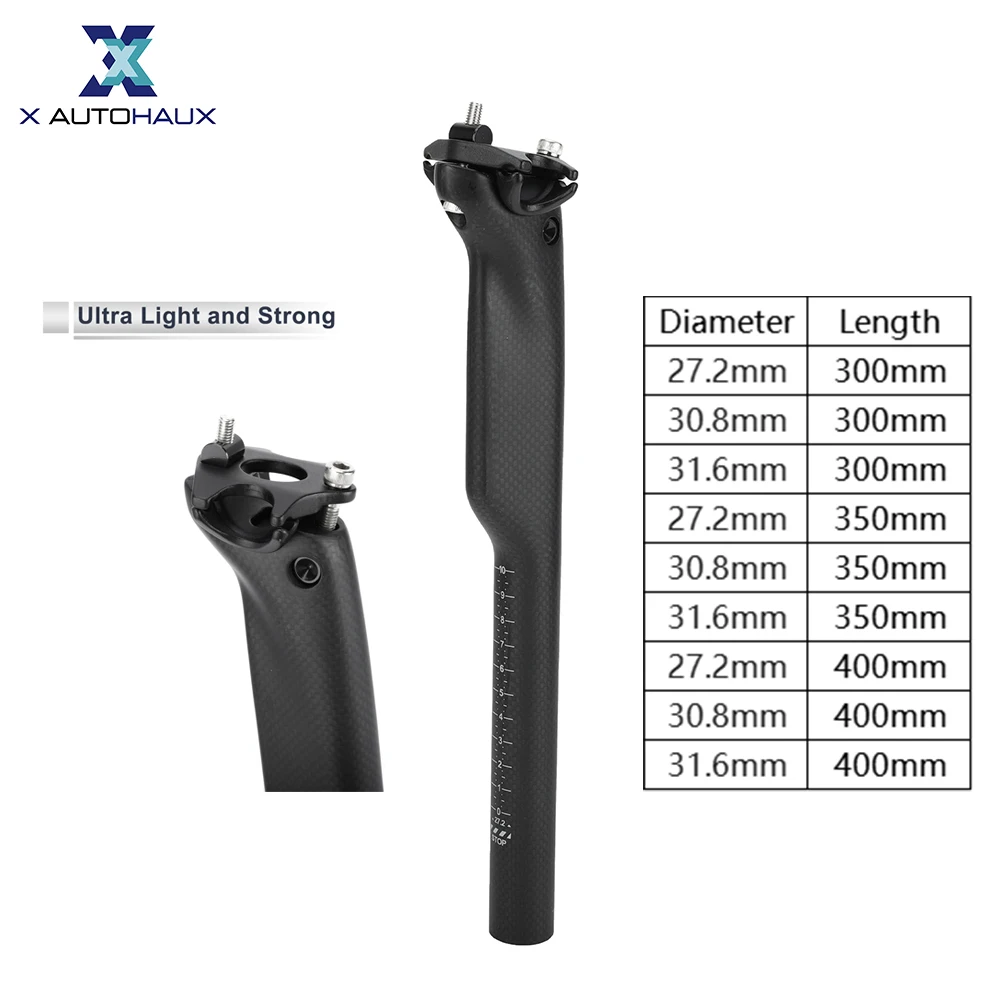 X Autohaux Bike Seat Posts 27.2x300mm Light Saddle Post Seat Tube Matte Black Carbon Fiber