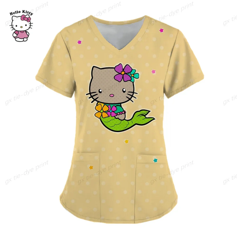 Uniforme da infermiera alla moda da donna, casual, manica corta, Hello Kitty, uniforme da lavoro, tasca, top, uniformi mediche infermieristiche