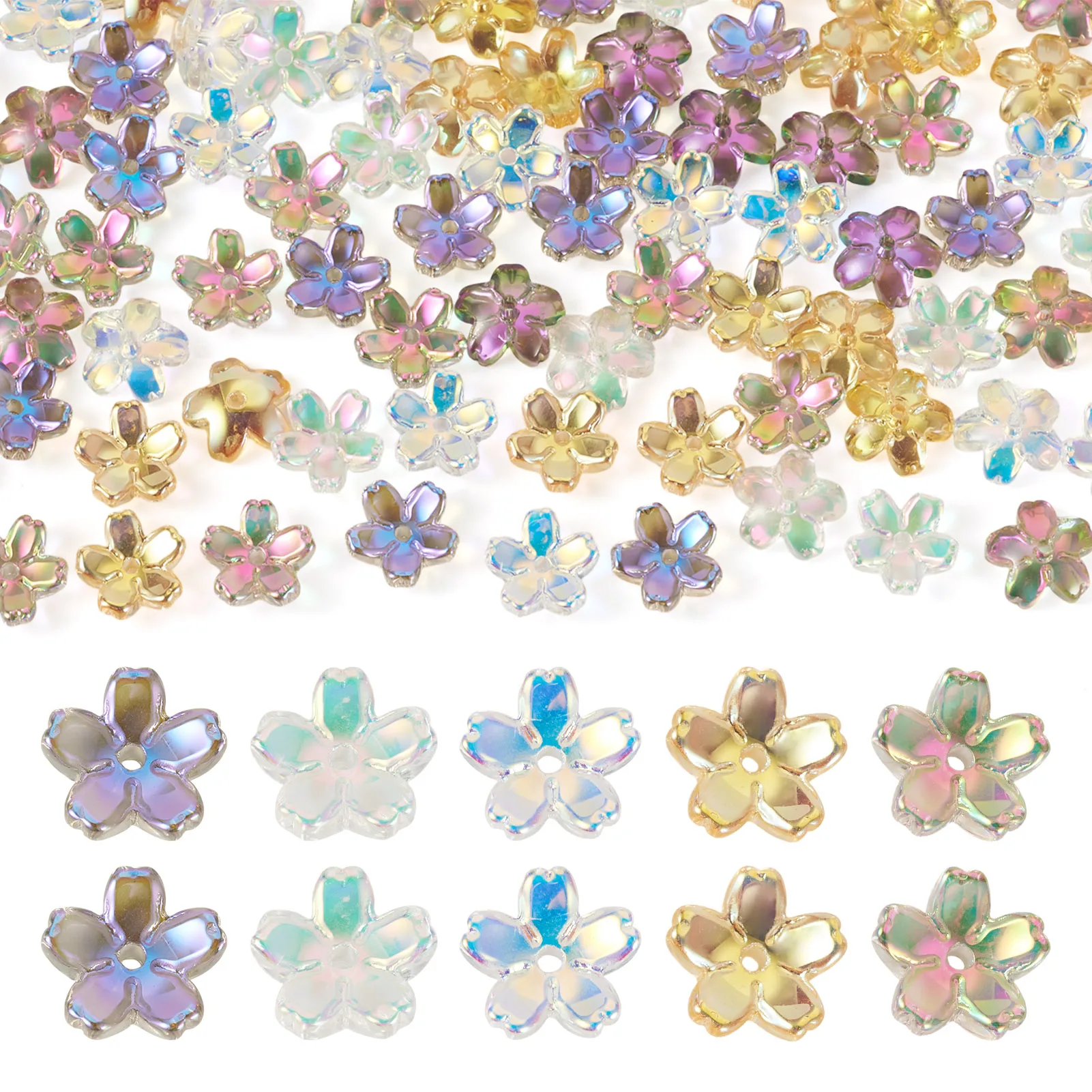 

100Pcs Transparent Electroplate Glass Bead Caps 5-Patal Flower Mixed Color for Making DIY Jewelry Necklace Earring Bracelet