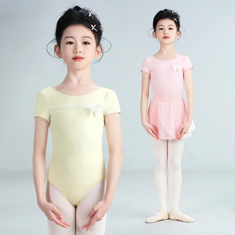 Collant de balé para meninas, crianças, adolescentes, renda, laço, dança, body, manga curta, nylon, ginástica