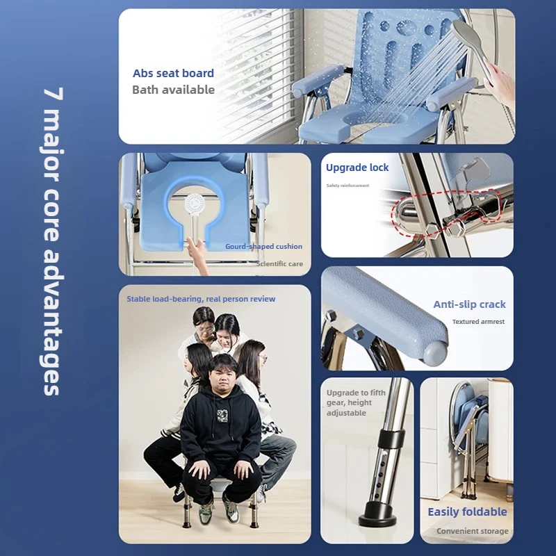 Foldable Commode Chair for Elderly Portable Toilet Chair with Armrests Bathroom Shower Chair