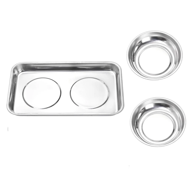 BEAU-3 Pcs Magnetic Parts Tray Set, Stainless Steel Heavy Duty Square And Round Extra Strong Magnetic Tool Trays Holder