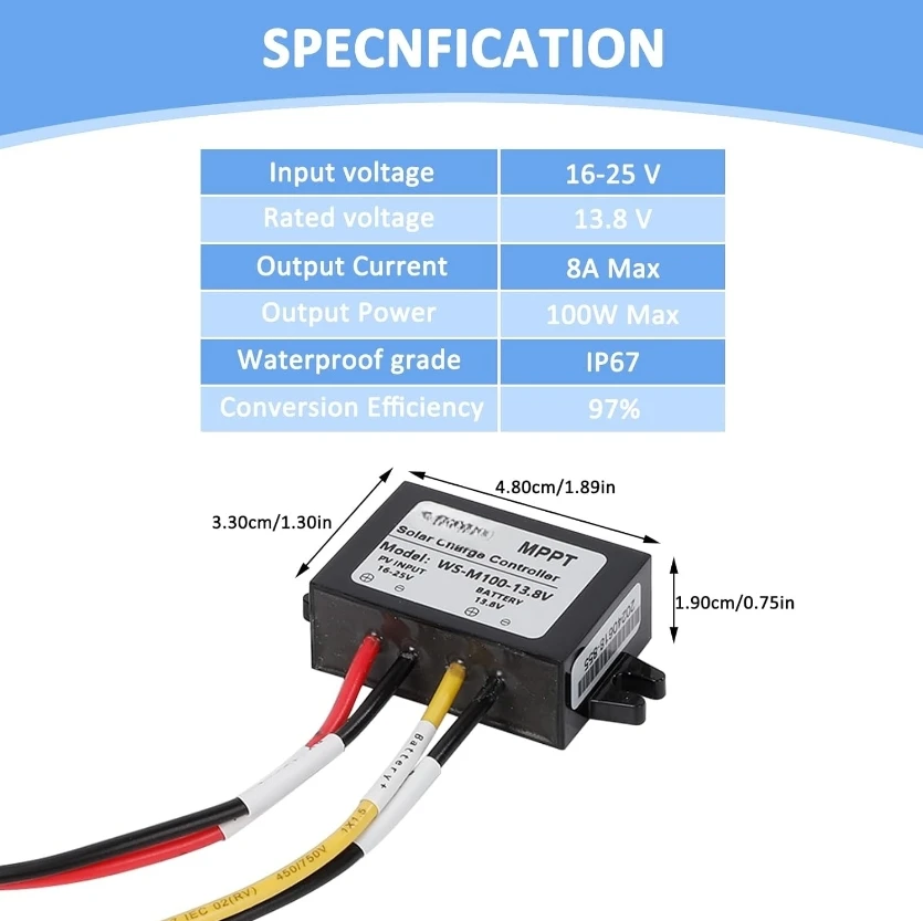 100W For MPPT 1* Solar Charge Controller WS-M100-13.8V, WS-M100-12.6V, WS-M100-14.6V, WS-M100-10.8V For LiFePO4 Batteries IP67