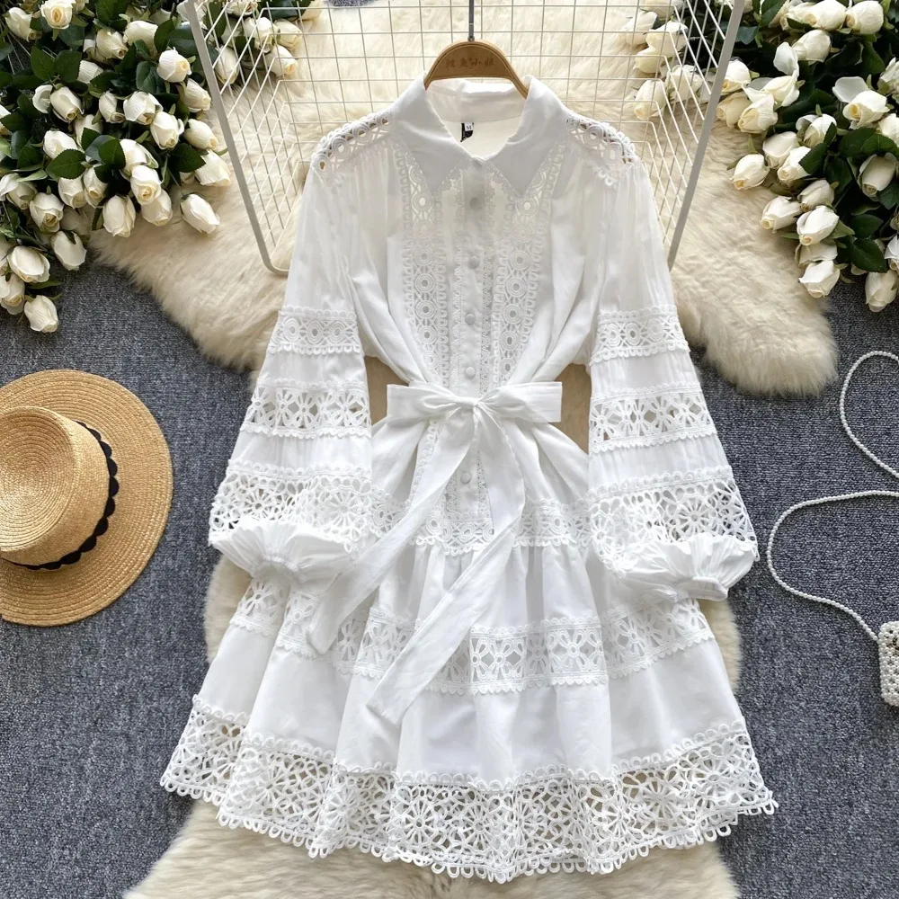 Abito estivo elegante con maniche a lanterna PATCHWORK in pizzo ritagliato retrò a-line abiti da donna per le vacanze con ricamo