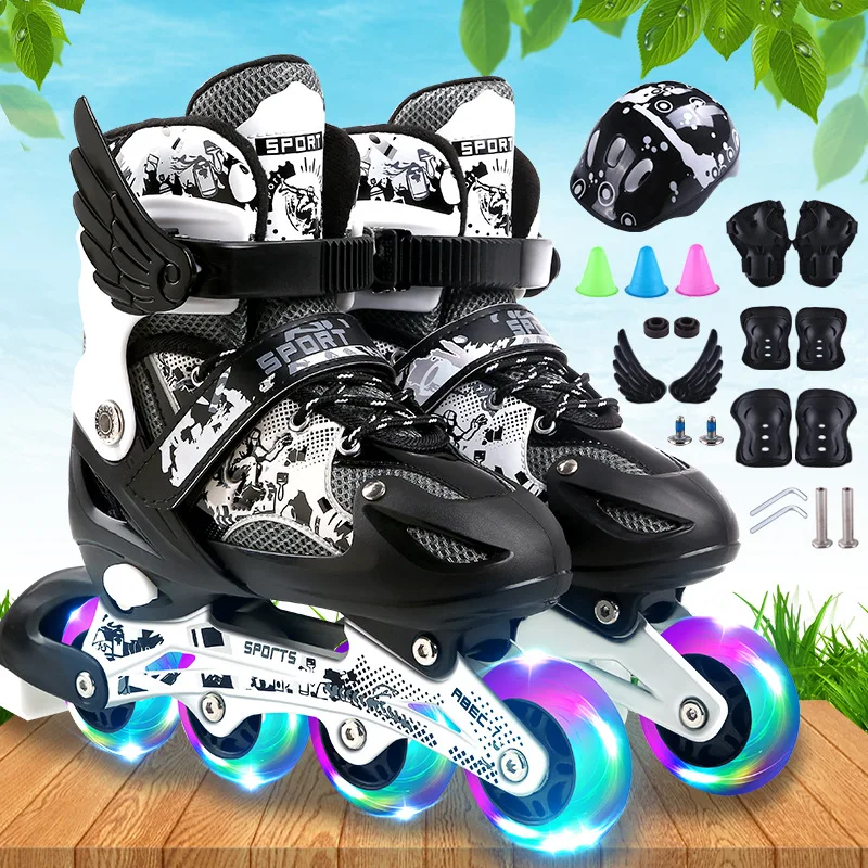 Adjustable children's full flash straight row single row roller skates skates four wheels, roller skate set