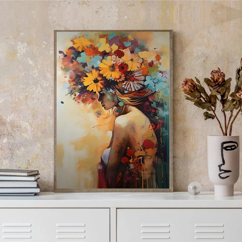 Floral Woman Vintage Abstract Flower Female Canvas Poster Trendy Canvas Art Painting Picture Wall Living Room Home Decor Gift