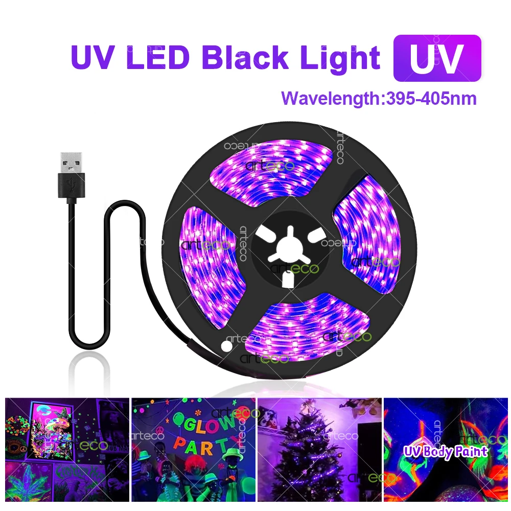 UV USB LED Strip Black Light 395-405nm 5V 2835 Ultraviolet Ray Flexible Tape Ribbon Purple Lamp For Room Fluorescence Party Deco