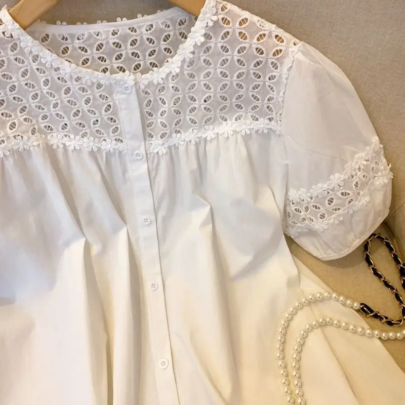 Short Sleeve Shirts Women Business Casual Jacquard Patchwork Pintuck Cropped Blouse Artistic Preppy Urban Student Youthful Light