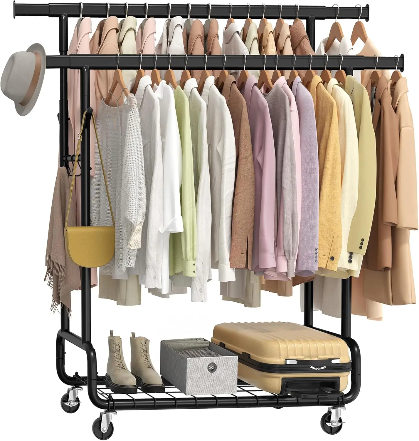 

Clothes Rack, Heavy-Duty Rolling Clothing Garment Rack with Wheels, Extendable Double Hanging Rods and Adjustable Height, Por