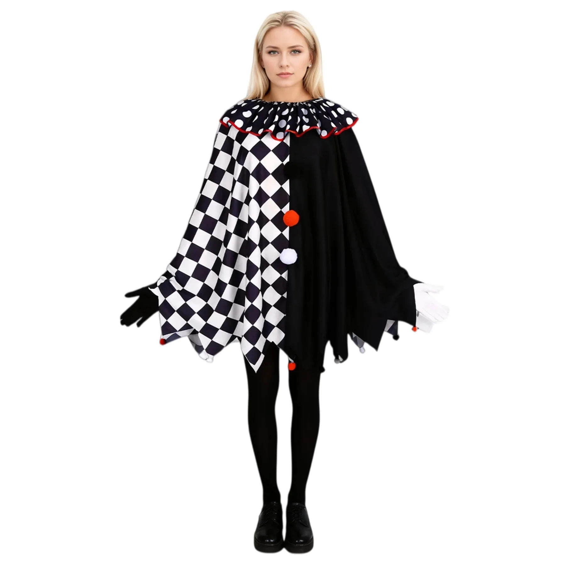 

Halloween Scary Evil Joker Costume - Black White Split Checkered Clown Poncho Horror Cosplay Stage Party Fancy Dress