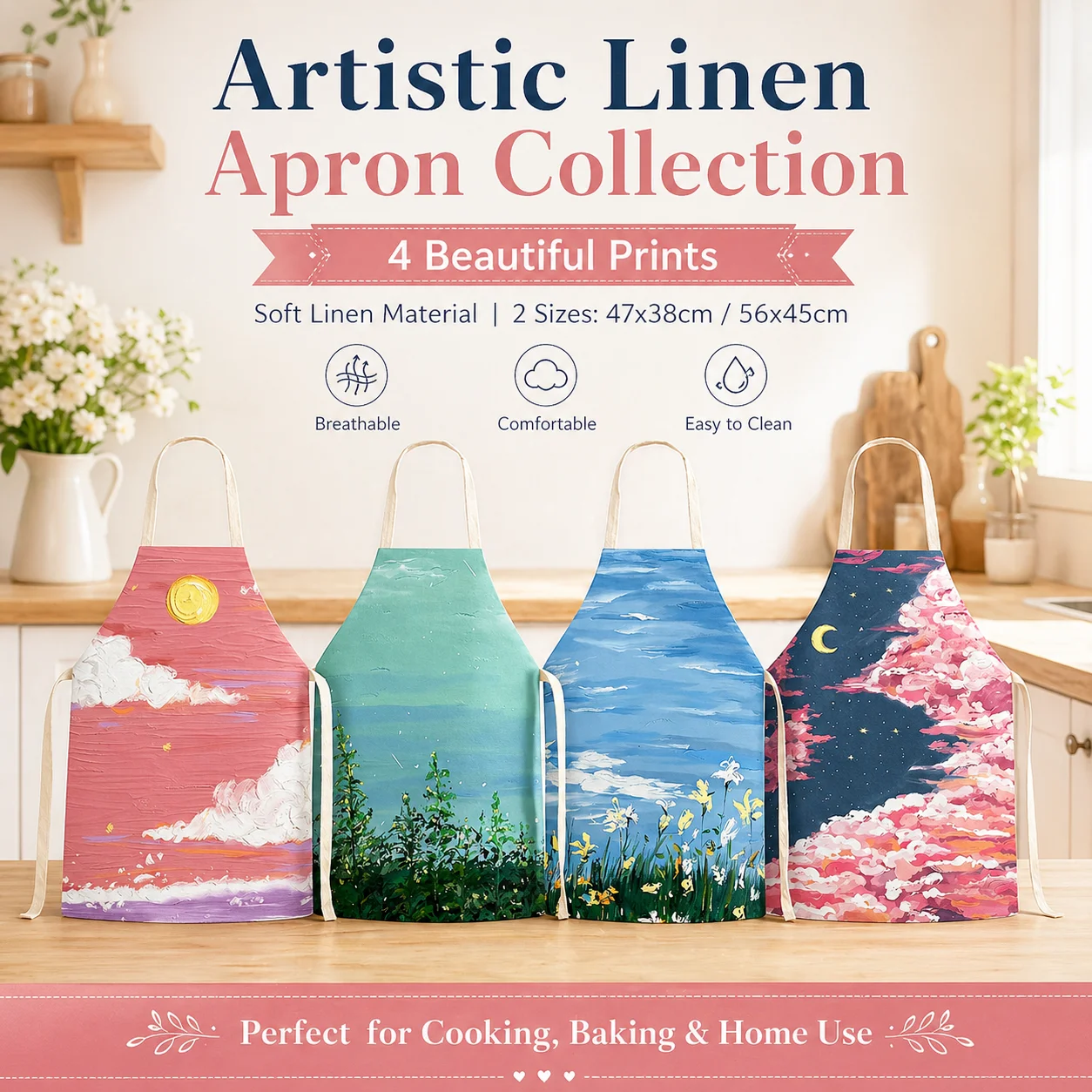 

Artistic Oil Painting Landscape Linen Apron 2D Flat Printed Women Kids Sleeveless Pinafore Home Cooking Baking Kitchen Bibs
