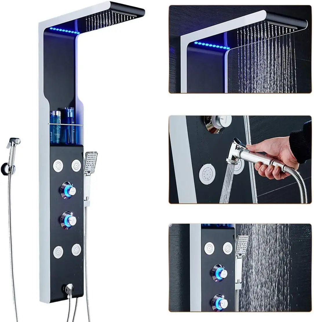 

ELLO&ALLO LED Rainfall Waterfall Shower Head Rain Massage System with Body Jets & Hand Shower Stainless Steel Bathroom Shower Pa