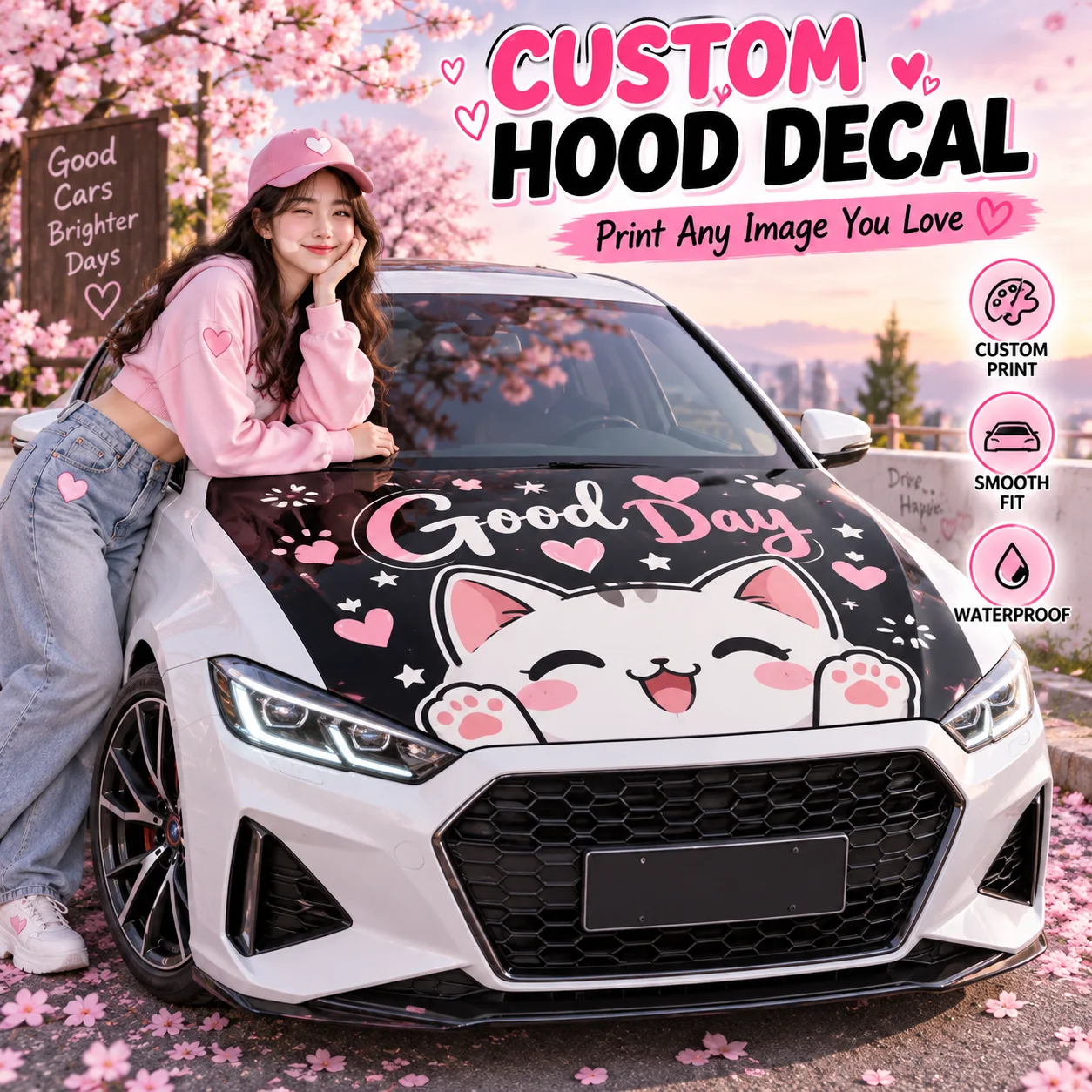 Custom Car Hood Sticker Vinyl Decal Personalized Cute Kawaii Graphics for Auto Truck Hood Bonnet Decor Outdoor
