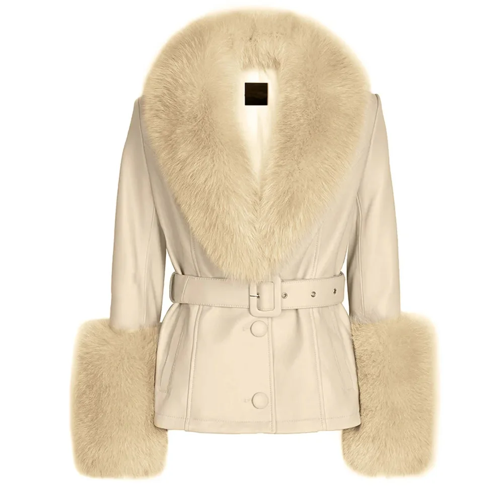 

Denny&Dora Women Beige Real Fox Fur Collar Genuine Leather Coat Trench Coat Short Fur Jacket