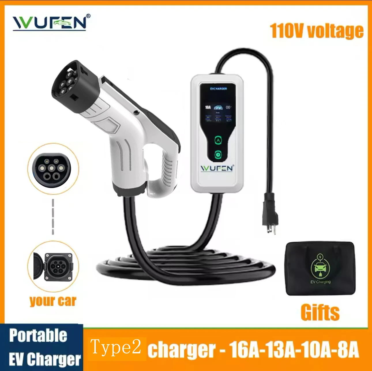 WUFEN 3.5KW Portable Type2 IEC62196-2 EV Charger Electric Car Charger EVSE Charging Cable Wallbox NAME 5-15 Plug For Type2 car