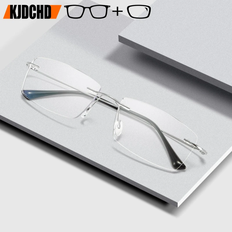 

KJDCHD Womens Luxury MR-8 Lenses Optical Prescription Ultralight Titanium Alloy Rimless Eyeglasses Mens Retro Square Glasses
