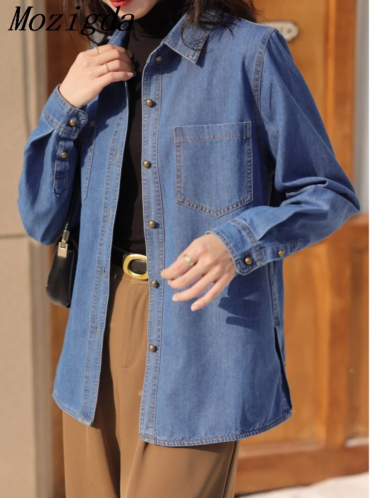 Retro Blue Shirt Denim Shirt for Women Autumn New Design Shirts Long Sleeved Solid Single Breasted Jeans Jacket for Women