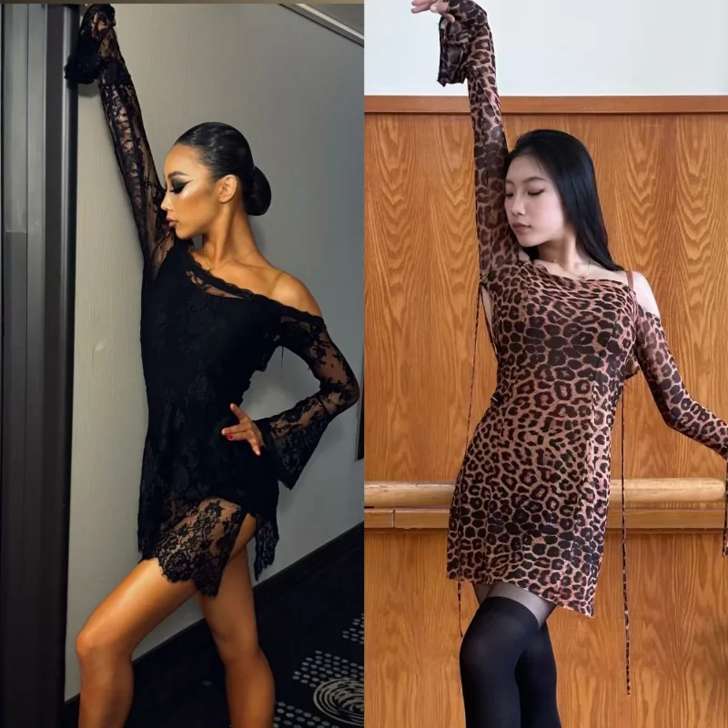 

Платье для латинских танцев по индивидуальному заказу, тренировочный костюм, костюм для выступлений, черные кружевные платья с леопардовым принтом и длинными рукавами для женщин