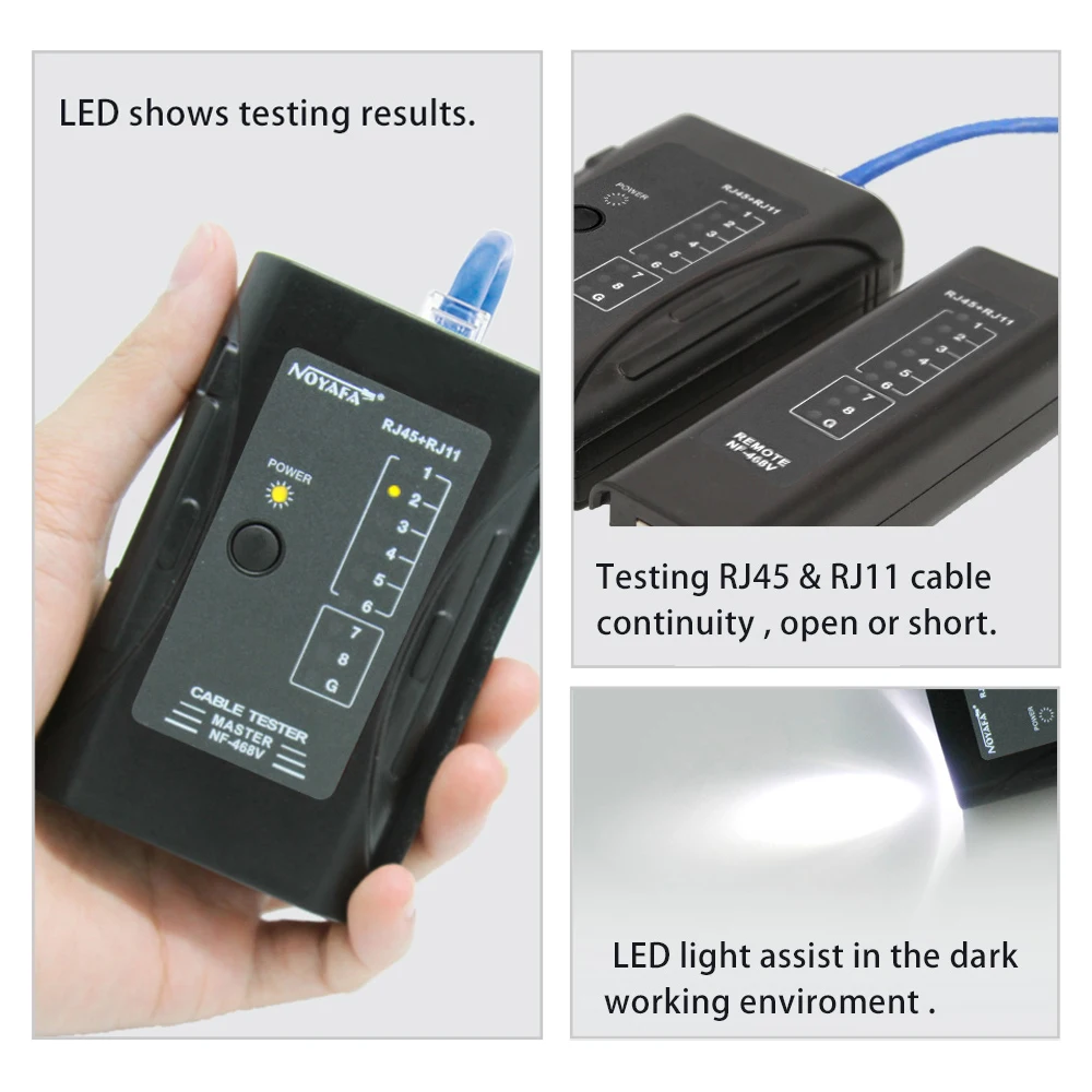 Noyafa NF-468V/468 cabo de rede testador teste de continuidade verificação rj11 + rj45 cabo rapidamente detectar testes multifuncionais automaticamente