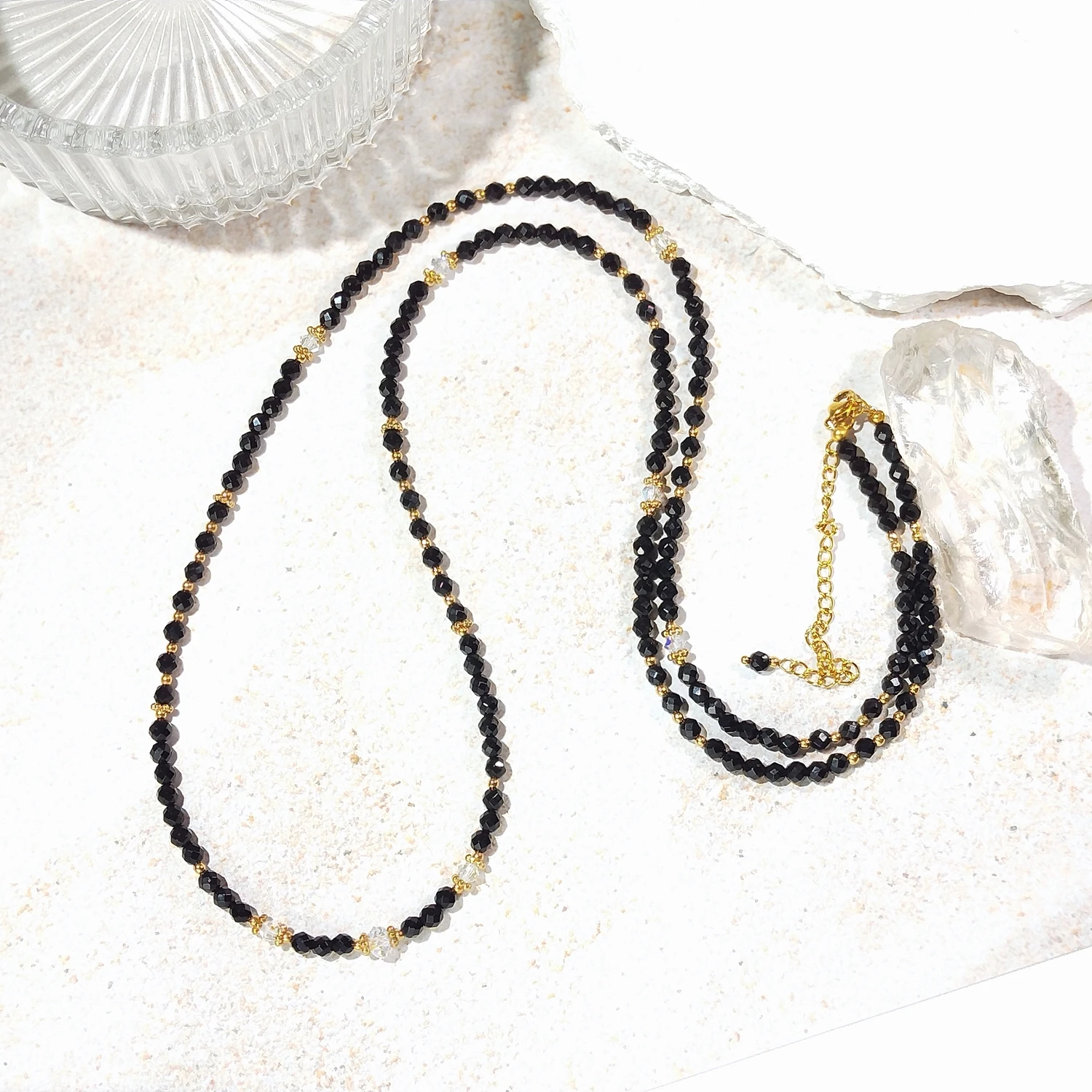

Lii Ji Black Agate 4mm Stainless Steel Gold Plated Waist Chain 79+9cm Natural Stone Long Necklace Jewelry