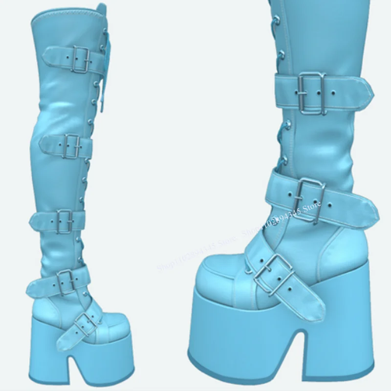 

Blue Buckle Over Knee Platform Boots Matte Chunky Heel Round Toe Fashion Sexy 2024 Winter Big Size Woman Shoes Zapatillas Mujer