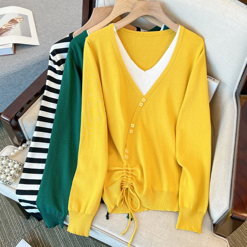 

Basic V Neck Knitted Bottoming Shirt Loose Stripe Color Long-Sleeved Top Women's 2022 Autumn Spring New Wild Fashion Sweater