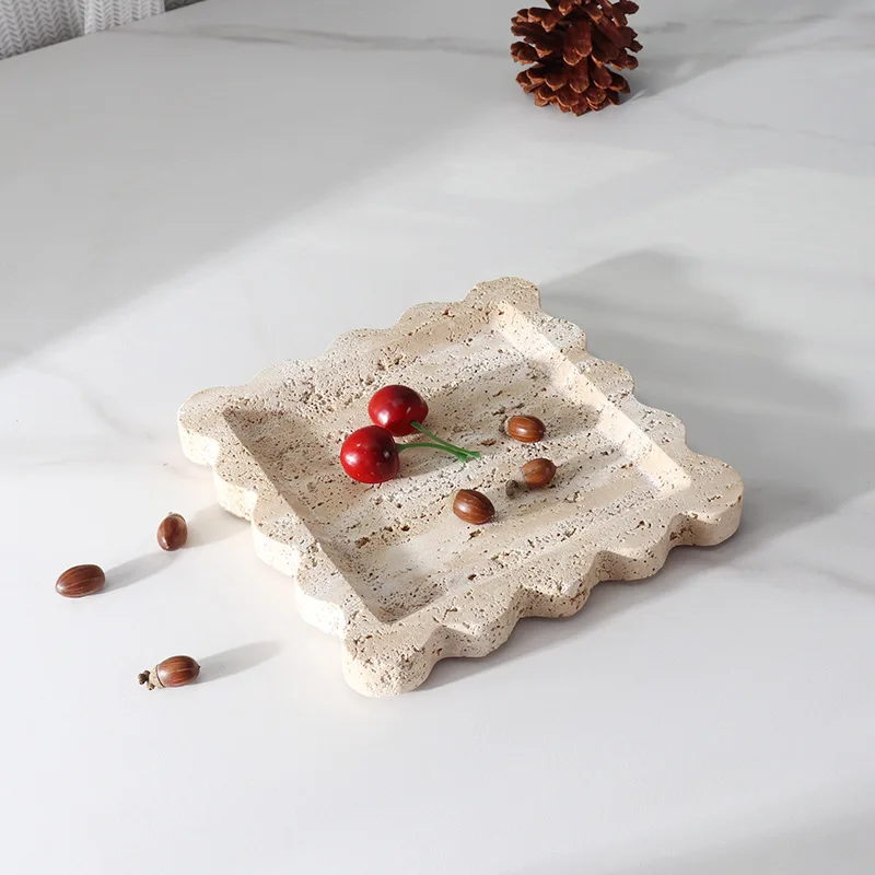 Retro Beige Marble Jewelry Natural Vintage Tray Ornaments Luxury Tray Small Aromatic Hole Storage Cave Box French Stone