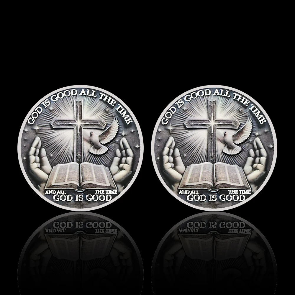 Christian Faith Memorial Coin with Cross, Bible and Dove, God Is Good All The Time Religious Collectible Gift replica